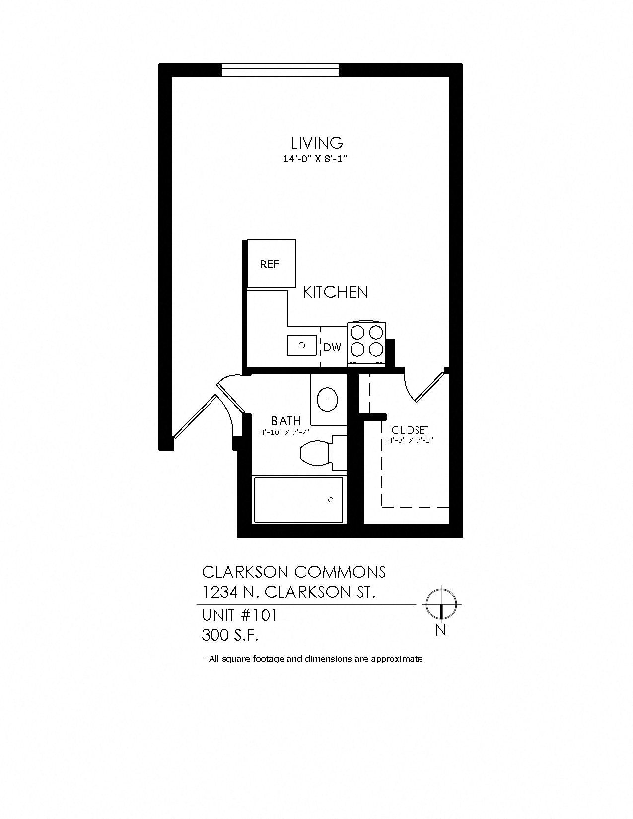 Floor plan for studio, 1 bath, 300 sqft